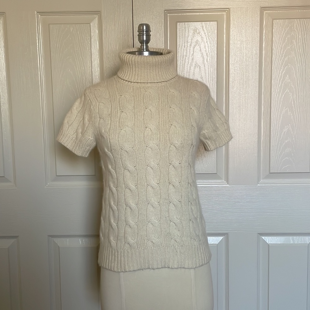 Ralph Lauren Size Small Cable Knit Merino Wool Short Sleeve Cream Turtleneck